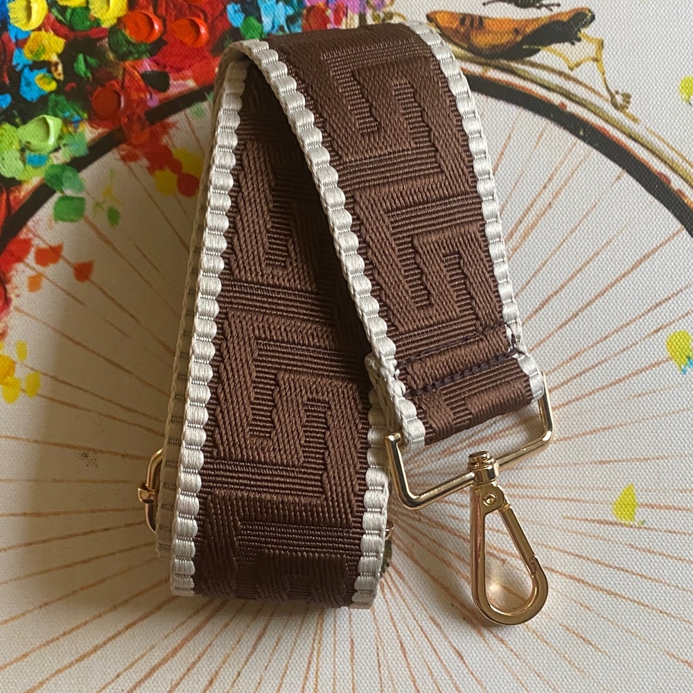 Brown Shoulder Bag Strap with White Trim and Gold Hardware